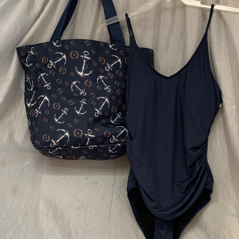 Navy Anchor Print Tote Bag